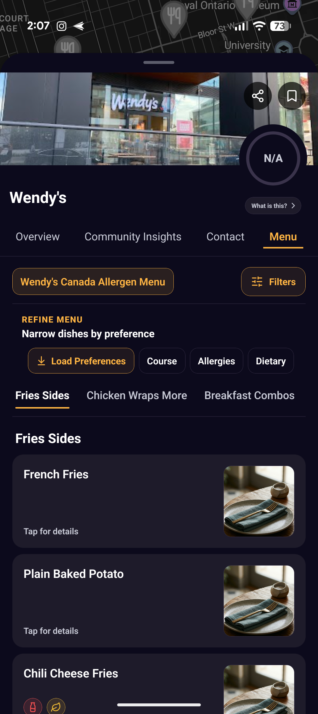 Mobile screenshot of Wendy's Canada allergen menu filters in Simpa